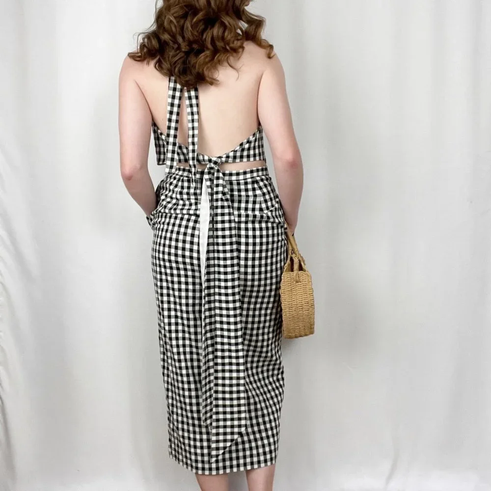Vintage Gingham Picnic Check Halter Backless Slit Midi Maxi Summer Dress Pockets - Picture 4 of 7
